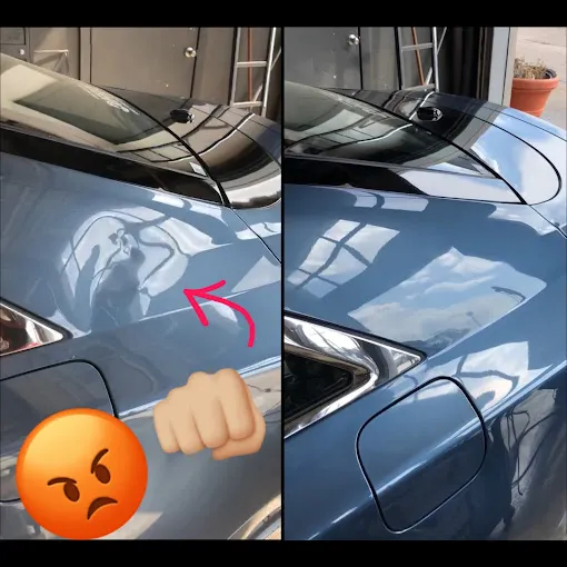 Before and after paintless dent repair on a blue car